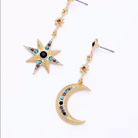Moon Star crystal gold celestial STATEMENT EARRING - Picture 1 of 8
